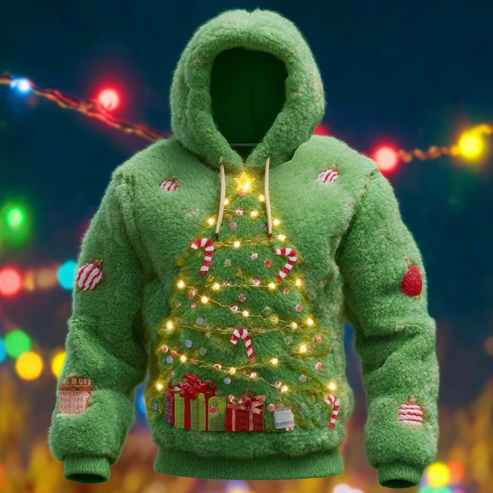 Men's Christmas Lights Tree Inspired Cozy Plush Hoodie elevenforest