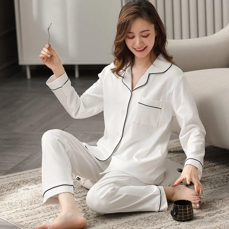 100% Cotton Pajamas for Women PJ Full Sleeves Pijama Mujer Invierno Button-Down Winter Sleepwear Set Women White Cotton Pyjamas