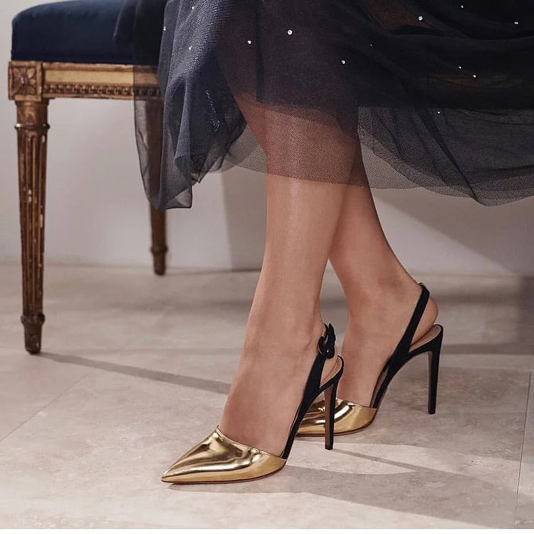 Gold and Black Slingback Pumps Elegant Pointed Toe Evening Heels |FSJ Shoes