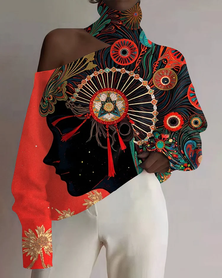 Black Woman Flowers Art Hollow-cut Turtleneck Top