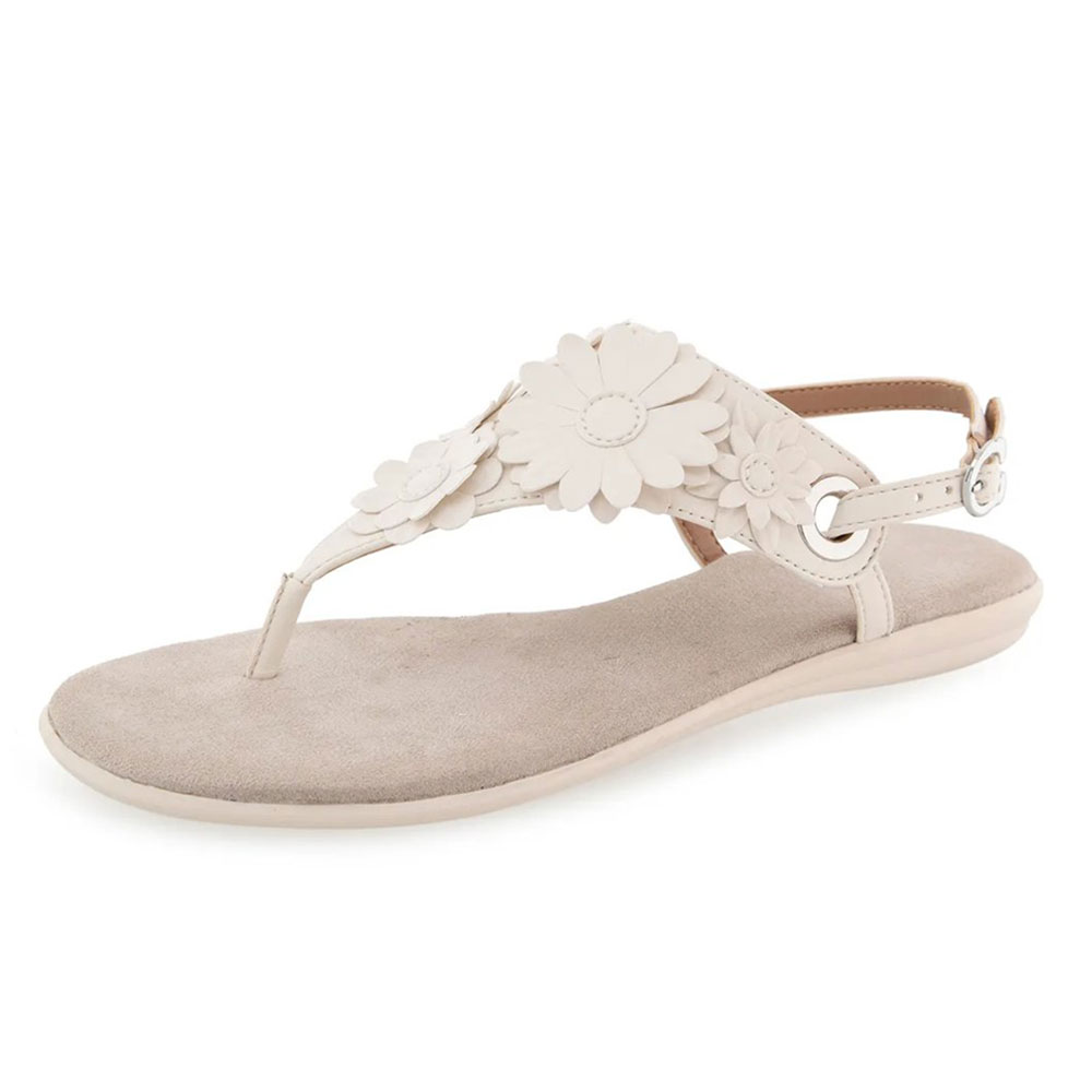 Ivory Round Toe Flat Flip Flop Summer Sandals with Sunflowers Nicepairs