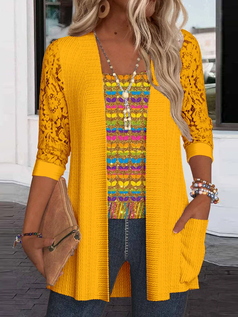 Women Long Sleeve Scoop Neck Printed Graphic Pockets Lace Two-Pieced Tops