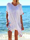 Pompom Triming Short Sleeves Cover-Ups Tops