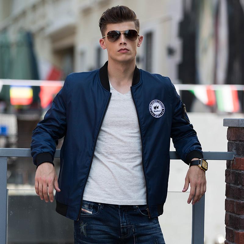 Casual Stand Collar Logo Embroidery Slim Men's Flight Jacket