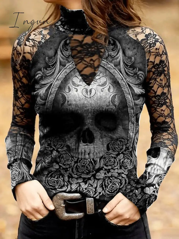 Ingvn - Women’s T Shirt Tee Black Skull Lace Print Long Sleeve Halloween Weekend Basic High Neck