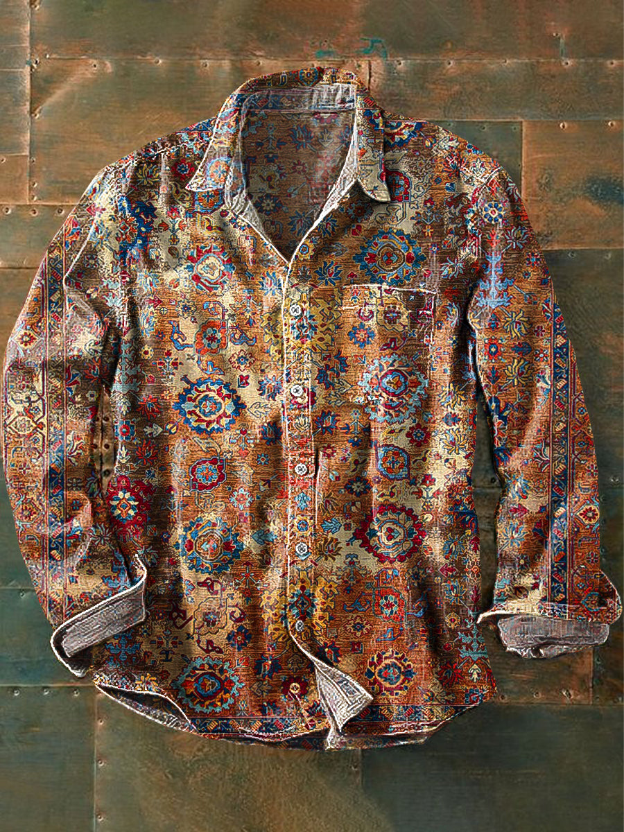 Men's Vintage Ethnic Symmetrical Floral Art Print Long Sleeve Pocket Shirt