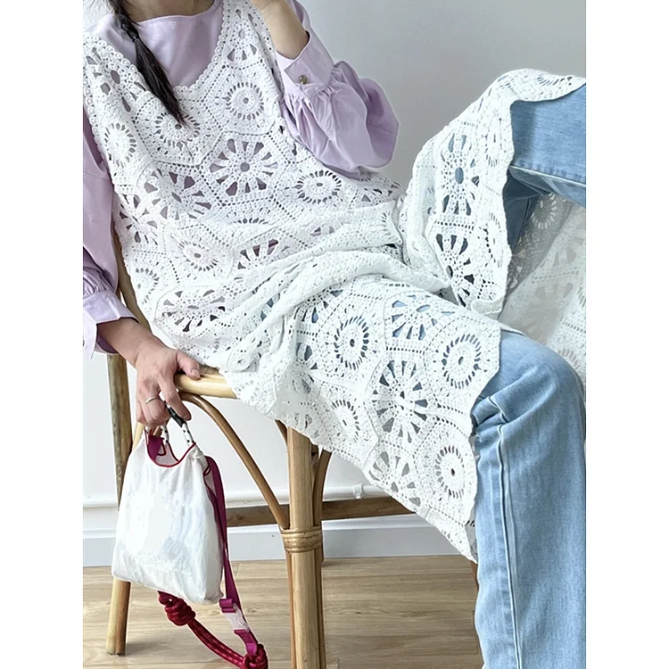 Trackpodssl Summer Vintage Lace Chrocet Womens Long Dresses 2025 New Sleeveless Hollow Out V-Neck Beach Strapless Dresses Female