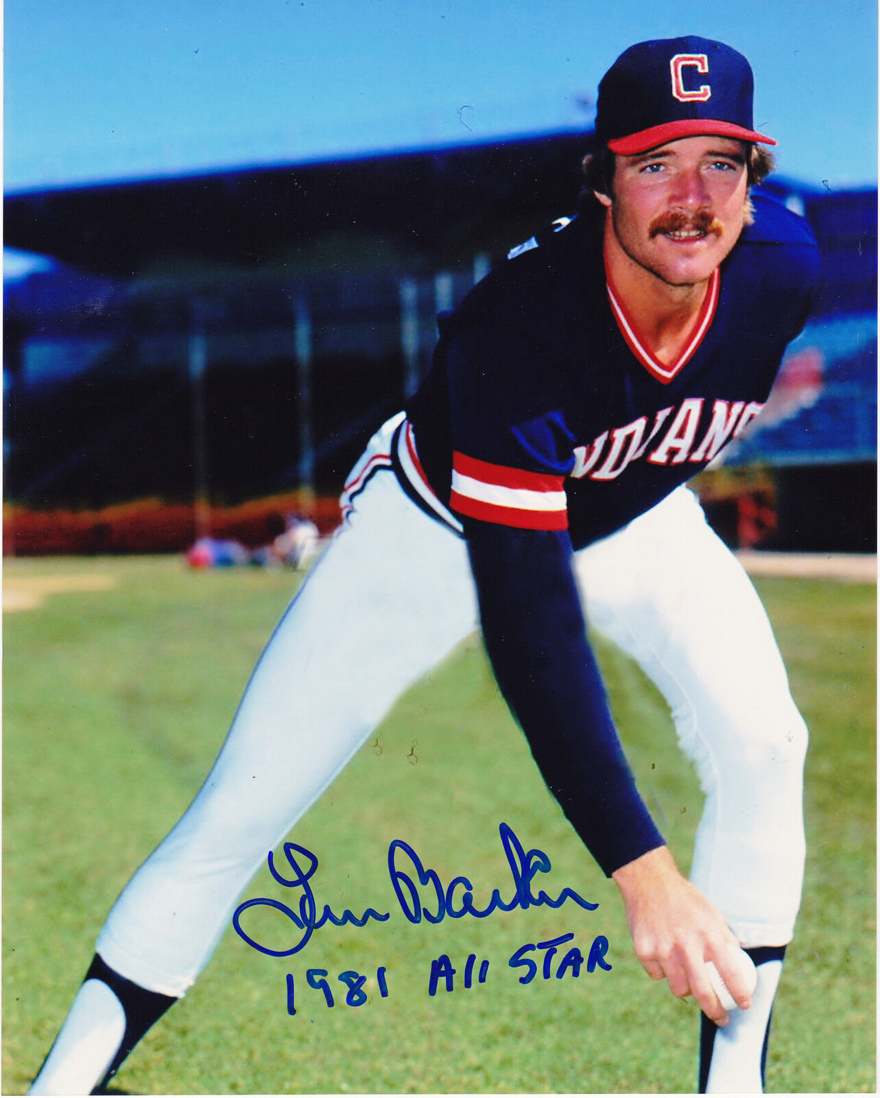 LEN BARKER CLEVELAND INDIANS 1981 ALL STAR ACTION SIGNED 8x10