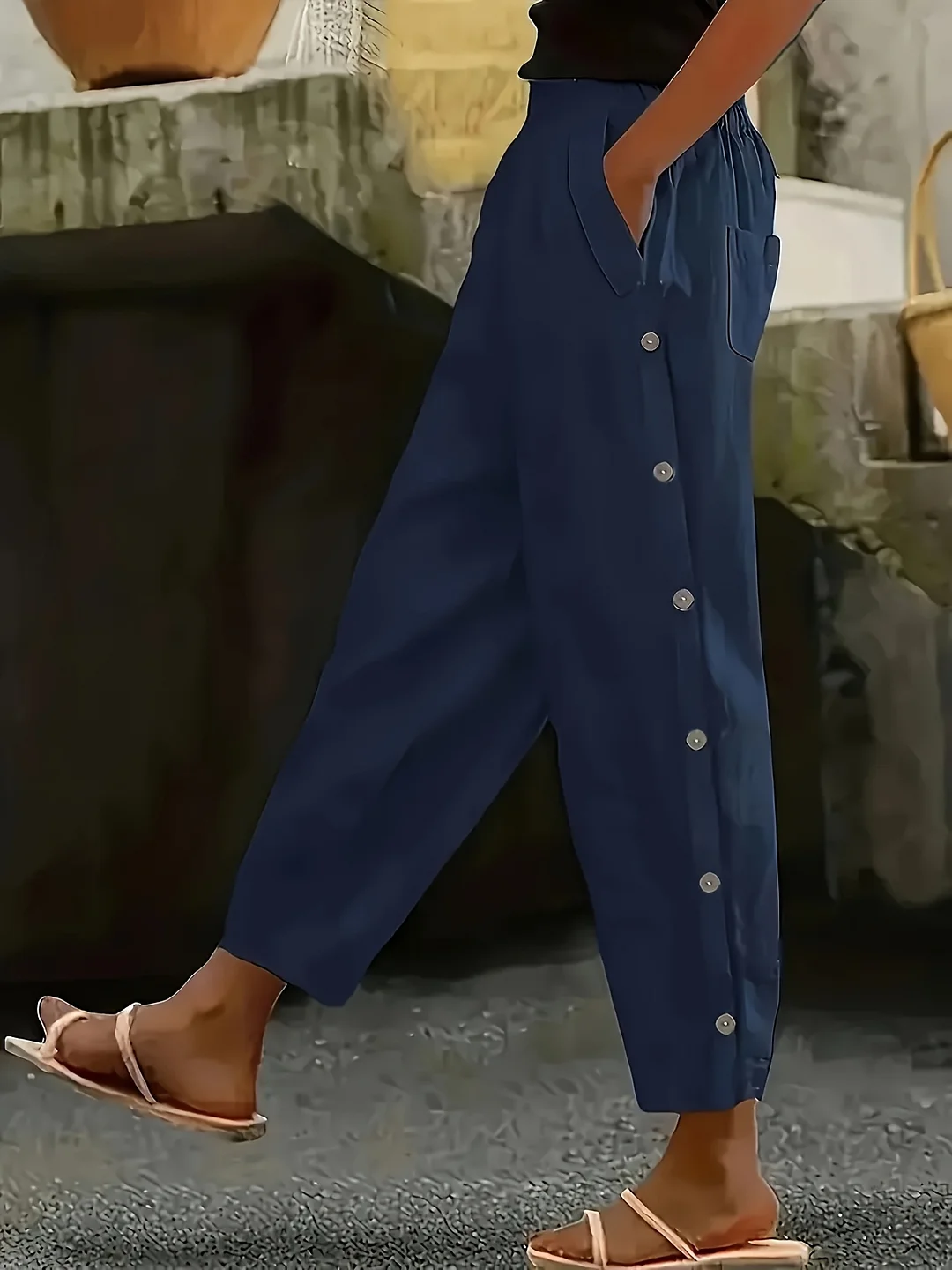 Women's Loose Fit Side Button Jeans - Casual Straight Leg Pants With Pocket Detail & Relaxed Vibe, Comfort Stretch | IFYHOME