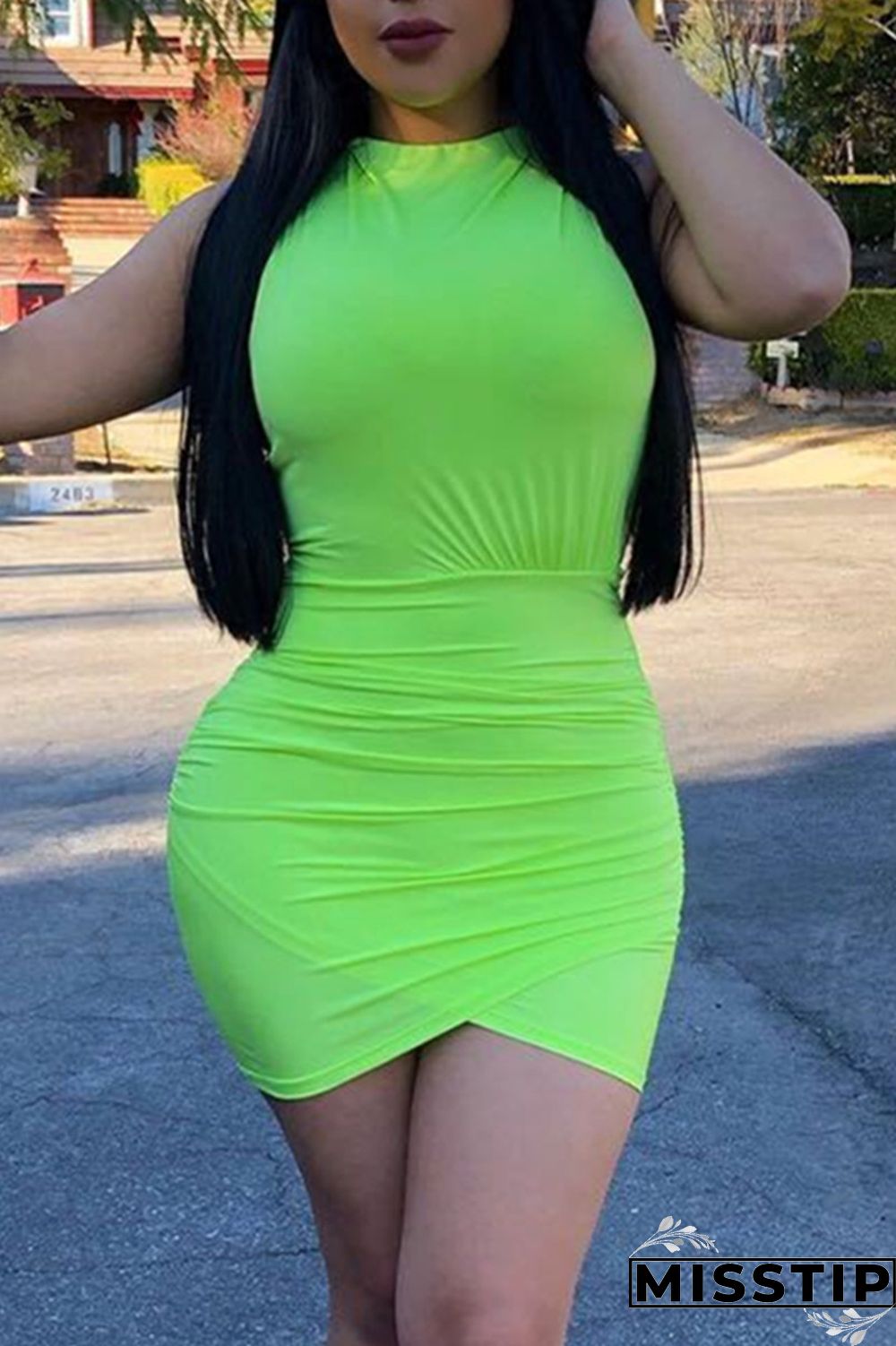 Light Green Fashion Sexy Solid Backless O Neck Sleeveless Dress