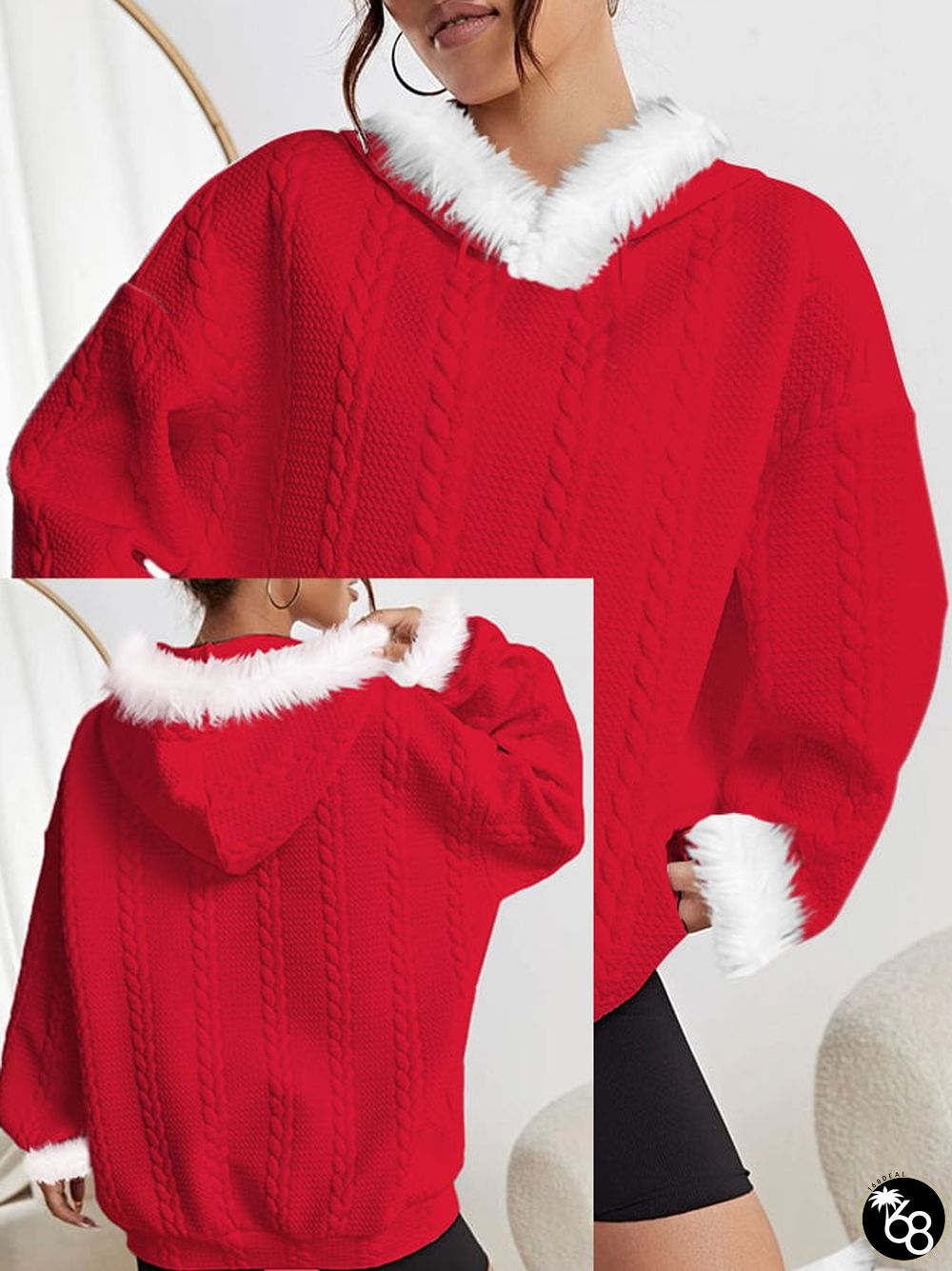 Women's Cable Solid Fleece Collar Hoodie | 168DEAL