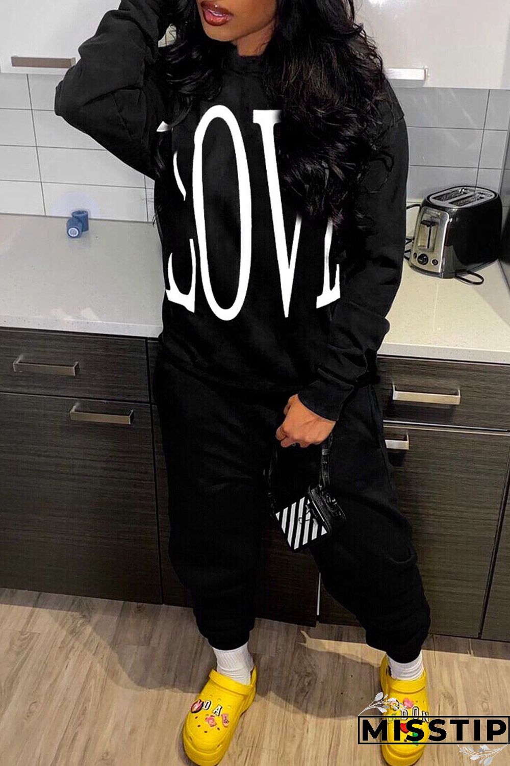 Black Street Letter Print Patchwork O Neck Long Sleeve Two Pieces