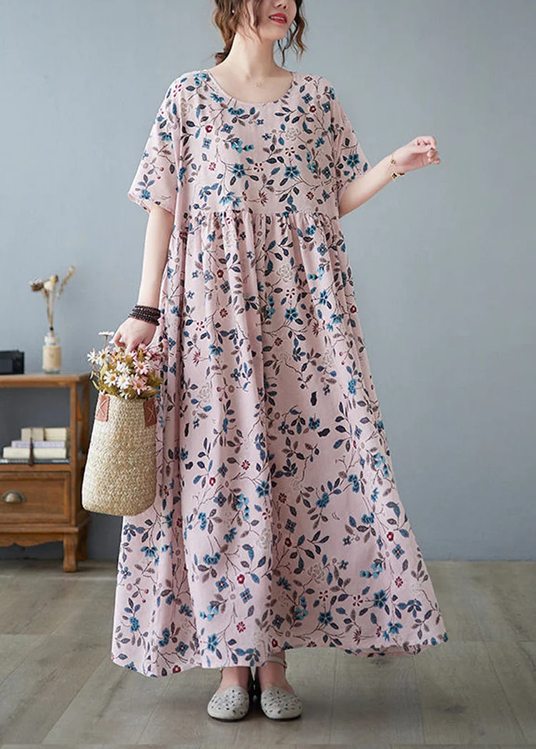 Loose Pink O-Neck Print Exra Large Hem Cotton Dress Summer