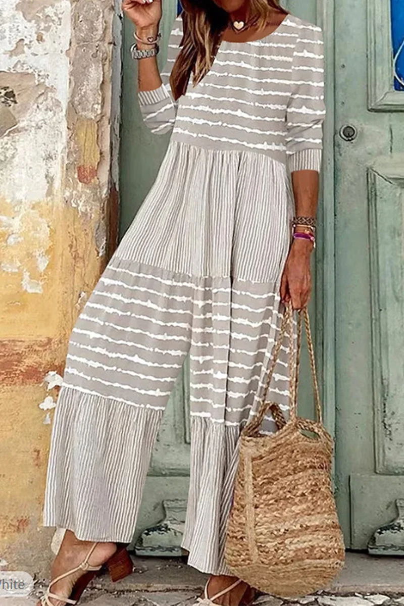 Casual Striped Printing O Neck Loose Jumpsuits