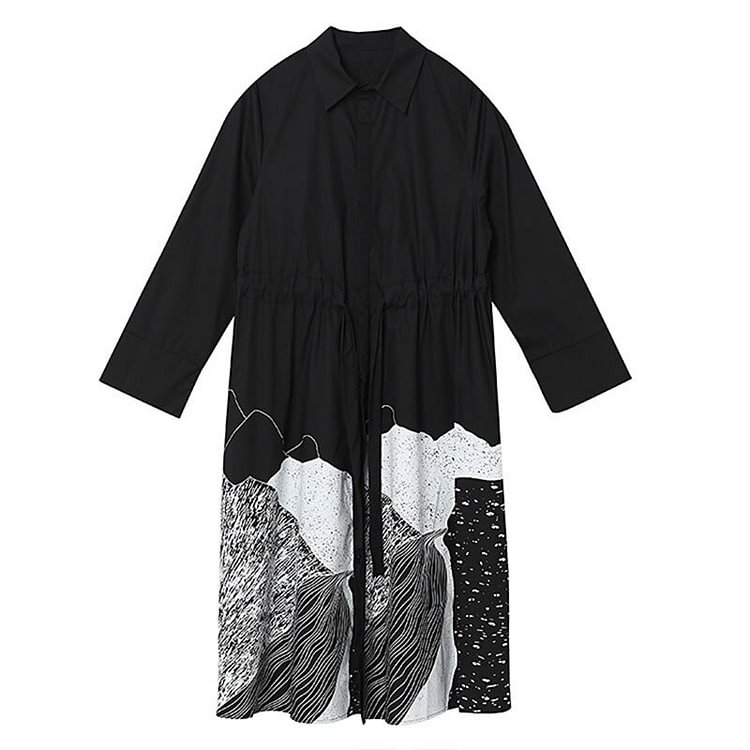 Fashion Loose Turn-down Collar Lace-up Abstract Printed Long Sleeve Dresses                