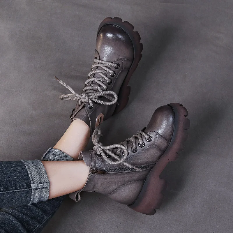 Yyvonne Handmade Martin Boots Women Winter New Tape Heightening Single Boots Coarse And Stylish Handsome Leather Boots