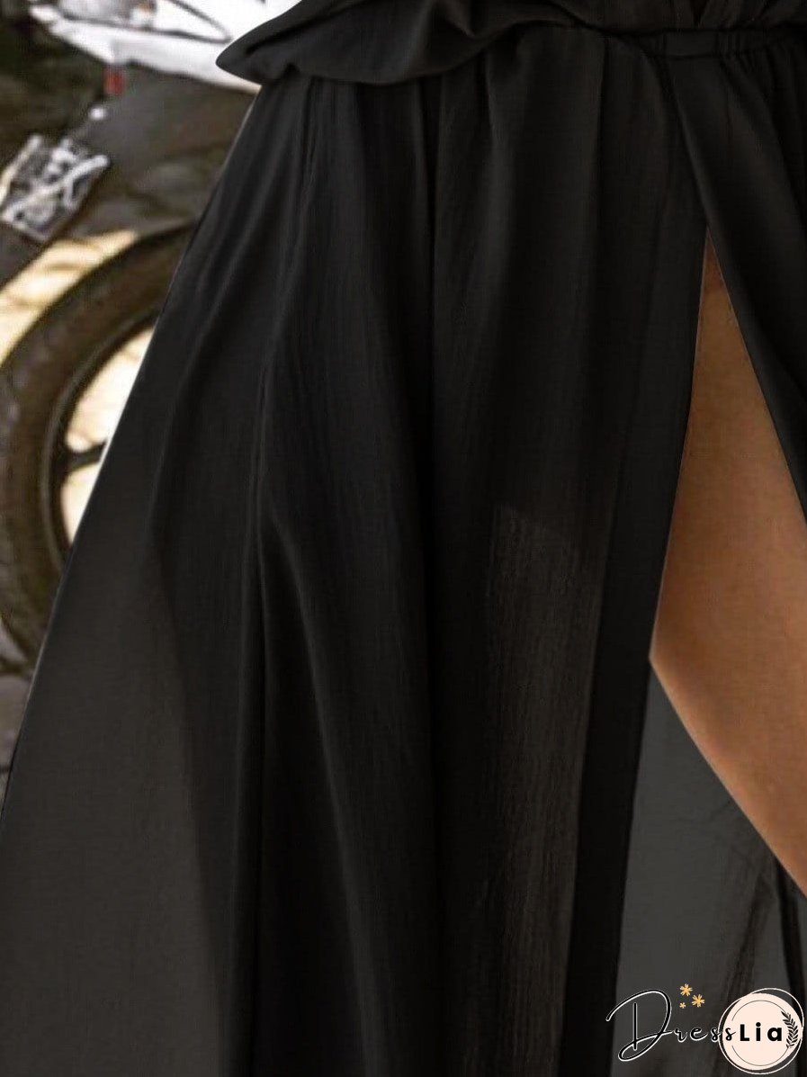 Elegant Solid Deep V Neck Split Dress