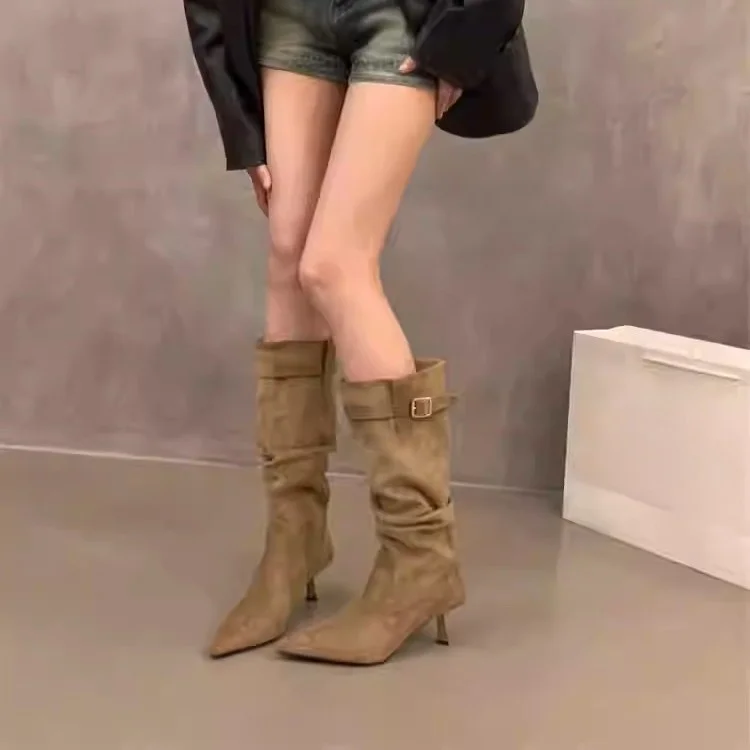 Breakj Breakj High-Heeled Kart Thin-Skinny Boots Women's Shoes 2025 Summer Retro Pile Boots In The Barrel Knight Boots