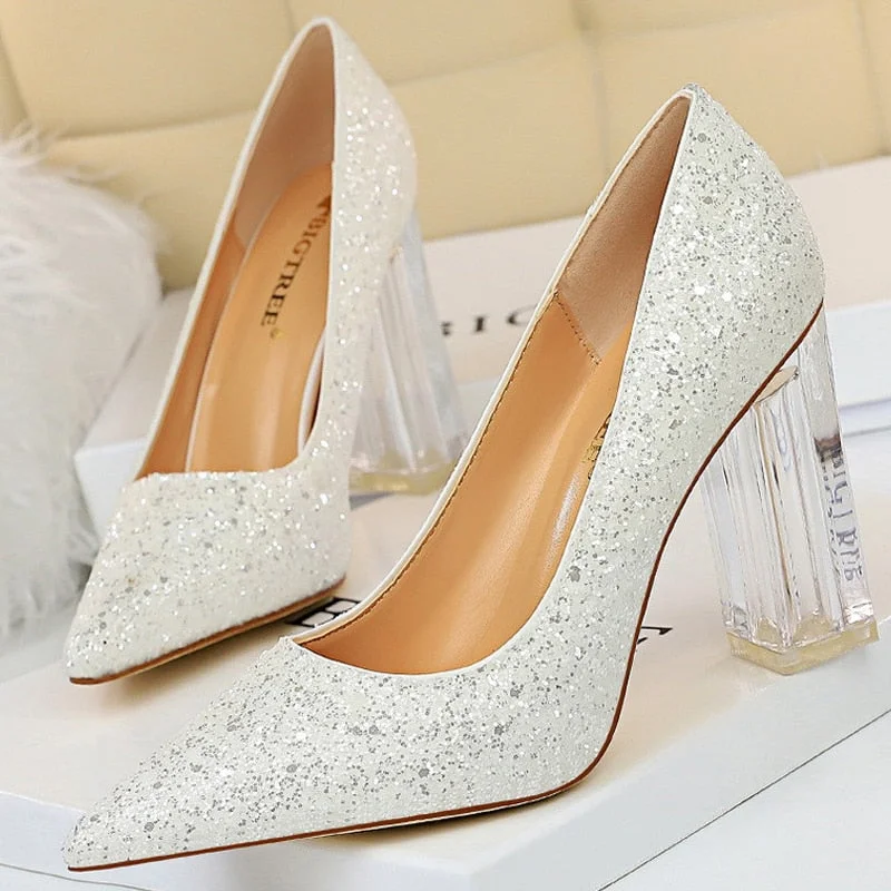 BIGTREE Shoes Transparent Heels Women Pumps Sequins Wedding Shoes Square Heels Women Shoes Crystal Heel Sexy Heeled Shoes 2021
