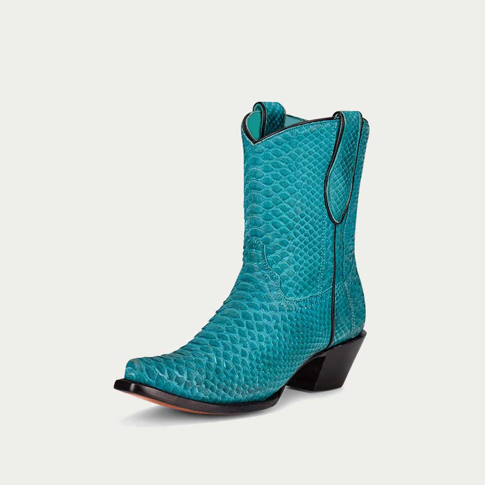 Turquoise Python Snip Toe Chunky Heel Cowboy Ankle Boots for Women