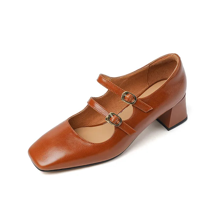 Aiertu NEW Spring Women Pumps Genuine Leather Shoes for Women Square Toe Chunky Heel Shoes Concise Mary Janes High Heel Women Shoes Aiertu