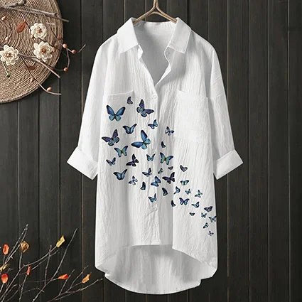 VChics Butterfly Print Cotton Hemp Shirt Women Linen Blouse