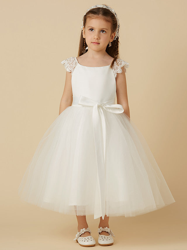 Oknass Short Sleeve Scoop Neck Flower Girl Dress Lace Satin Tulle With Sash Ribbon Bow