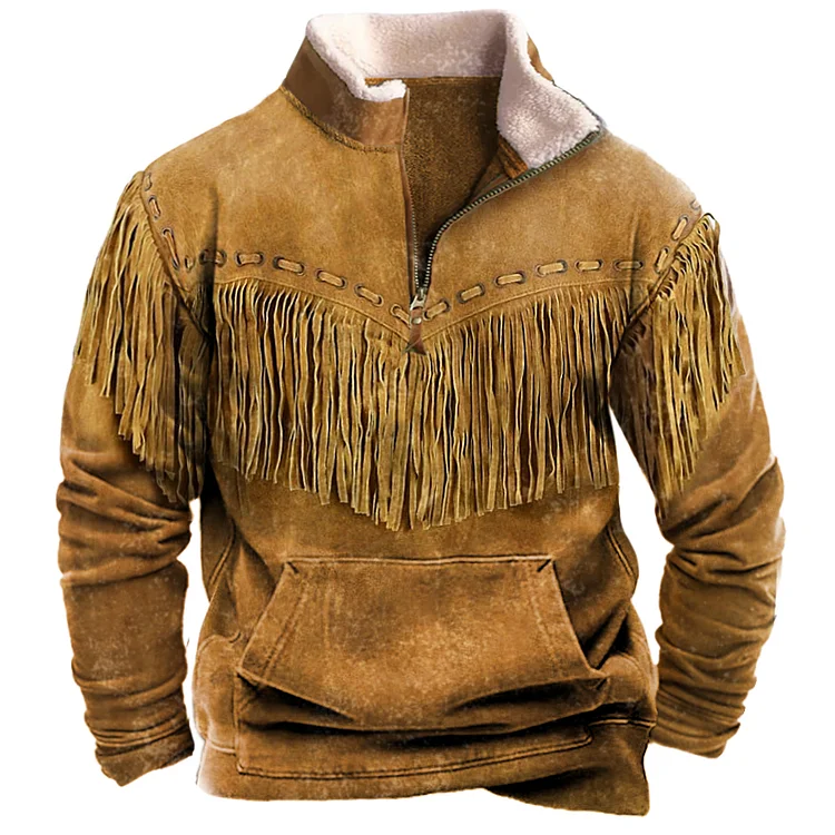 Men's Vintage Western Cowboy Tassel Zipper Stand Collar Sweatshirt 5a01
