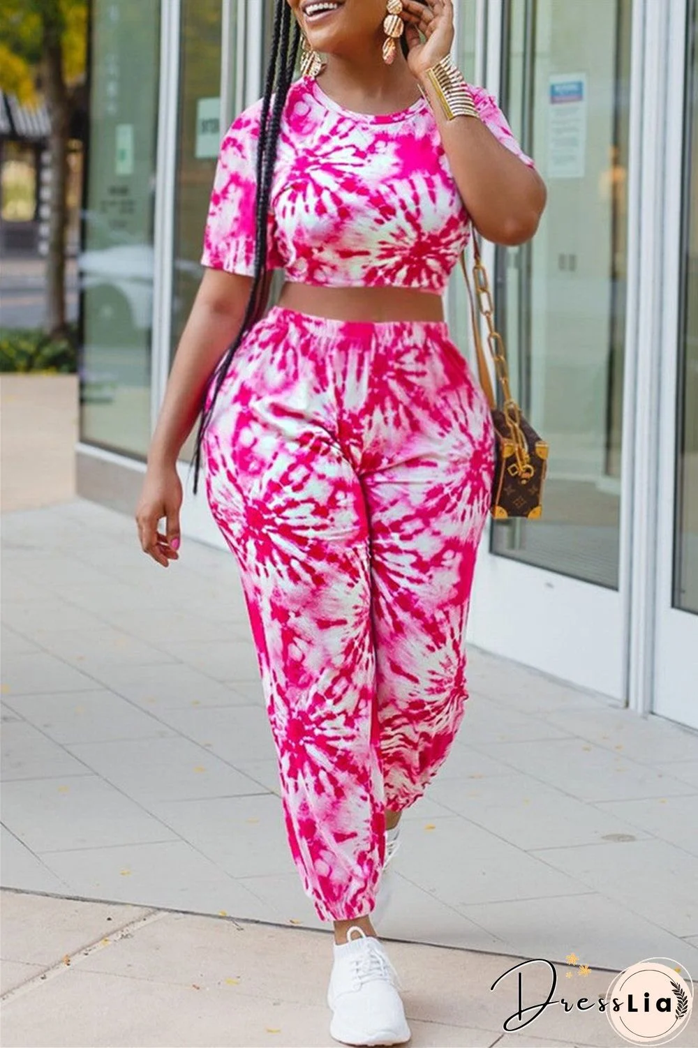 Fashion Casual Tie Dye Printing O Neck Short Sleeve Two Pieces