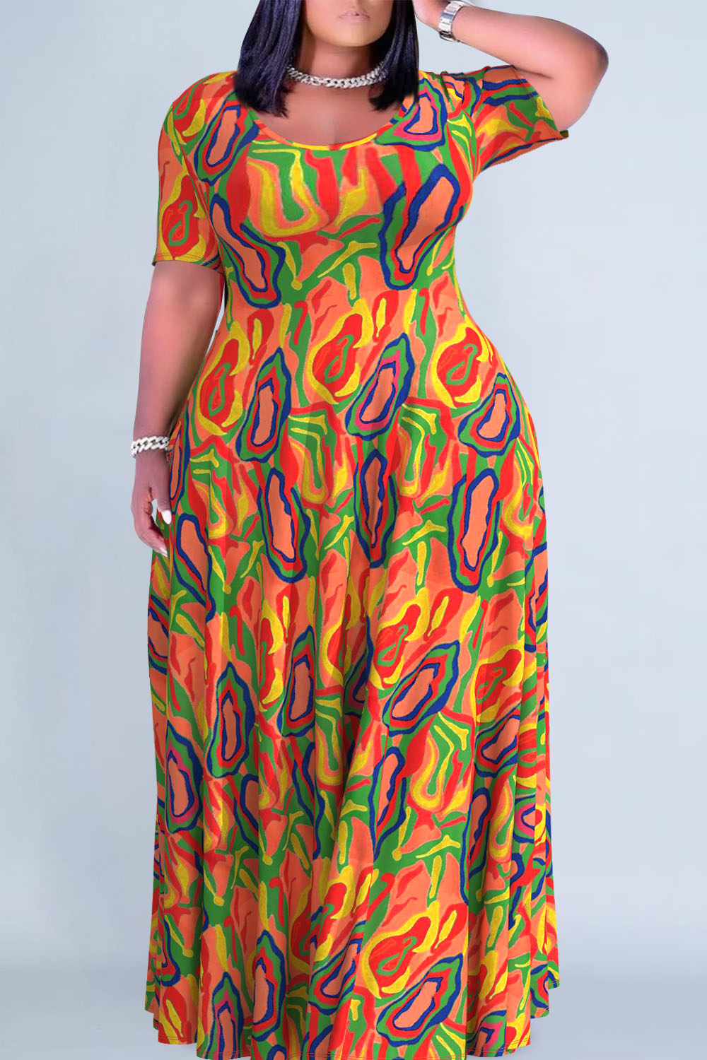 Plus Size Casual Magenta All Over Print Round Neck Short Sleeve Maxi Dress [Pre-Order]
