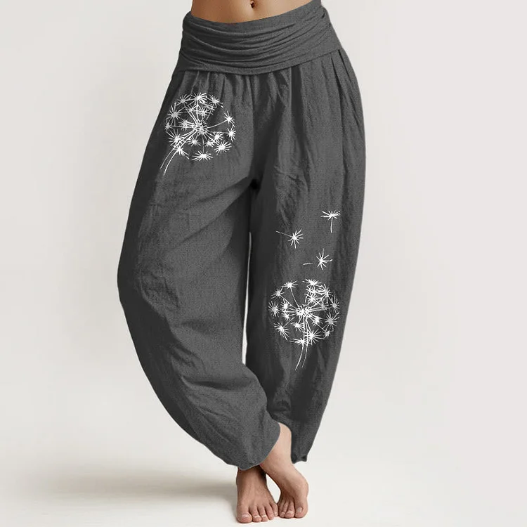 Cotton Concise Dandelion Pattern Women's Elastic Waist Harem Pants