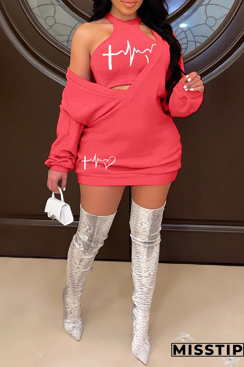 Black Casual Print Basic O Neck Long Sleeve Two Pieces