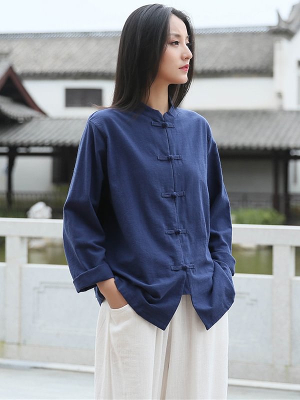 Vintage Ramie Cotton Stand Collar Blouse