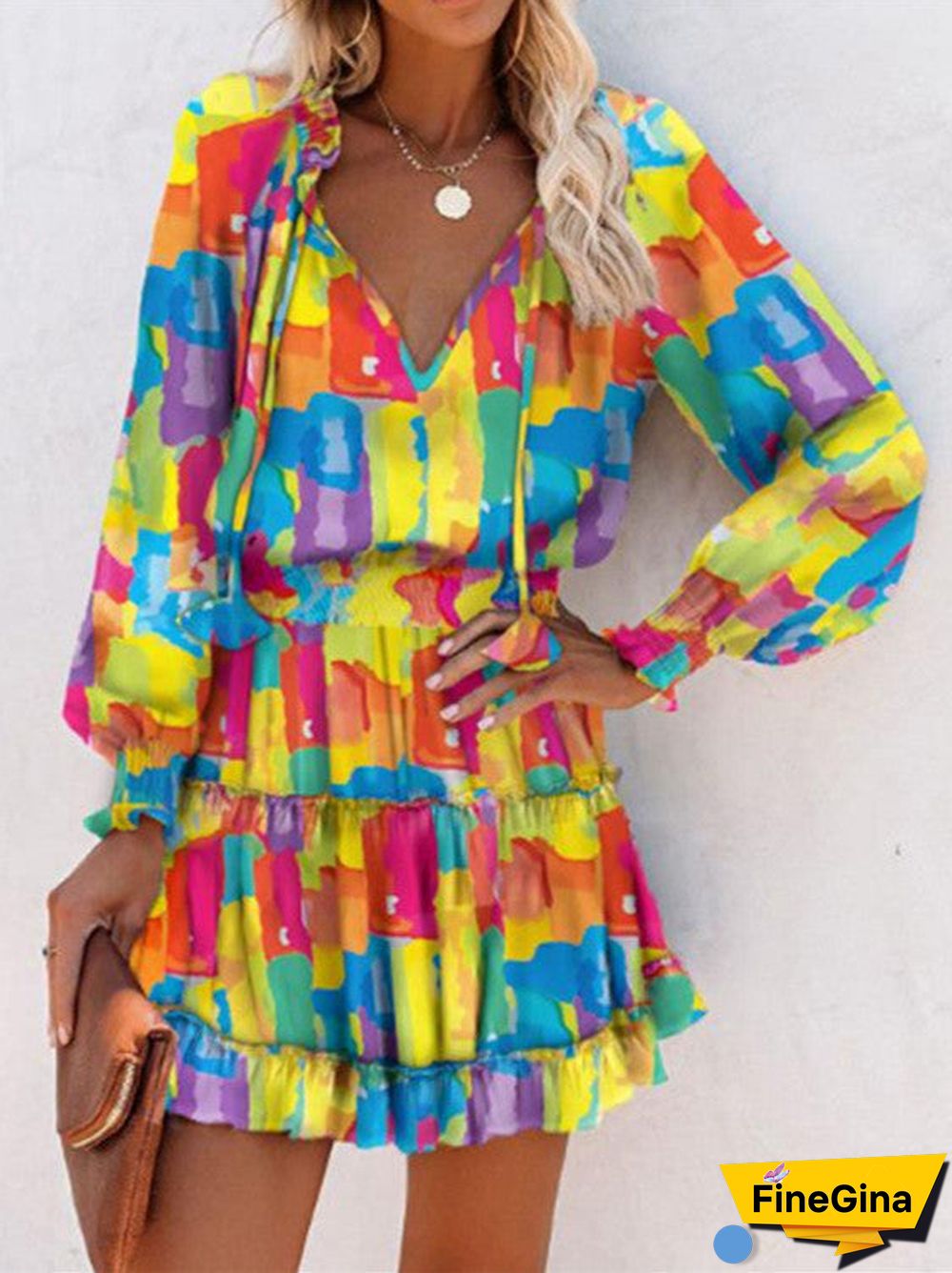 Women's Long Sleeve V-neck Printed Casual Dress