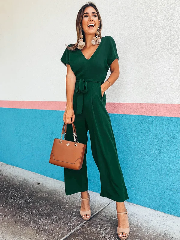 Casual Roomy Wide Leg Belted Pure Color V-Neck Jumpsuits