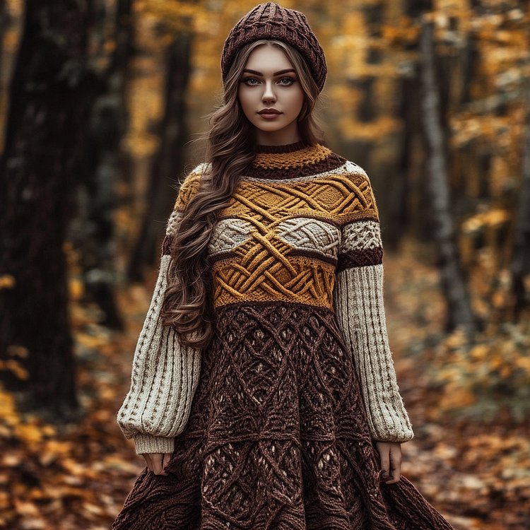 Utbros Vintage Celtic Knot Knitted Jacquard Crew Neck Wool Dress