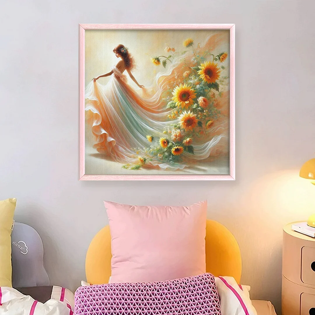 Orange Flower Girl Full 11CT DIY Stamped Cross Stitch Kits 45x45cm Home Decor