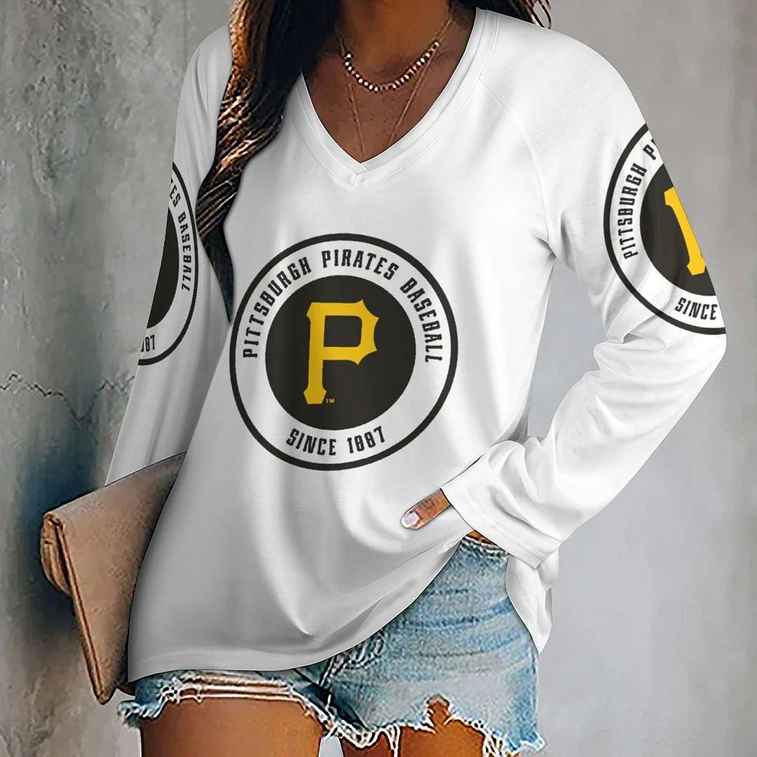 V-neck Long Sleeve Casual T-shirt for  Women and Men Printed with Pattern,Yellow,White,Black