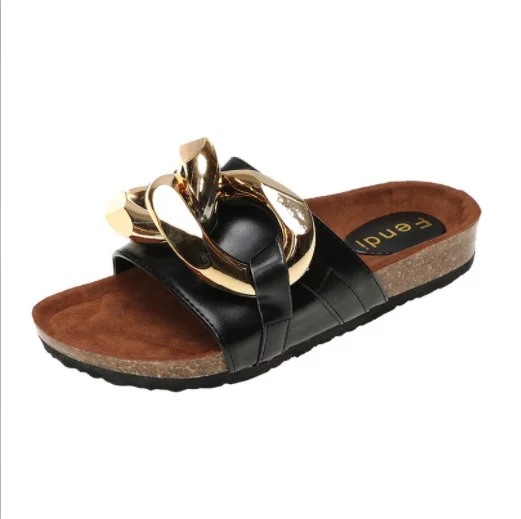 Qengg Women Slippers 2022 Summer Plus Size Fashion Metal Chain Sandals Women Outdoor Closed Toe Flat Slippers Beach Platform Sandals