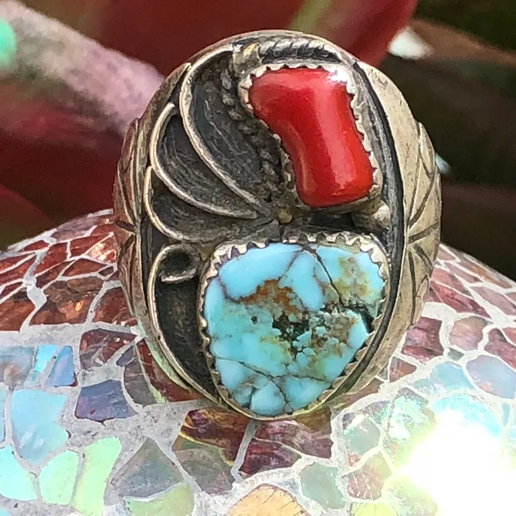 Signed Navajo Heavy Men's Ring with Turquoise and Red Coral Size: 10 1/4