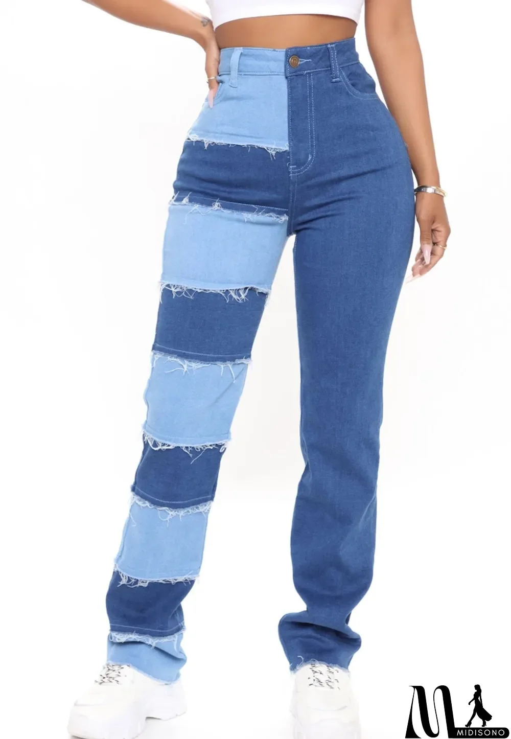 MidiSono - Summer Color Block Casual High Waist Patch Jeans