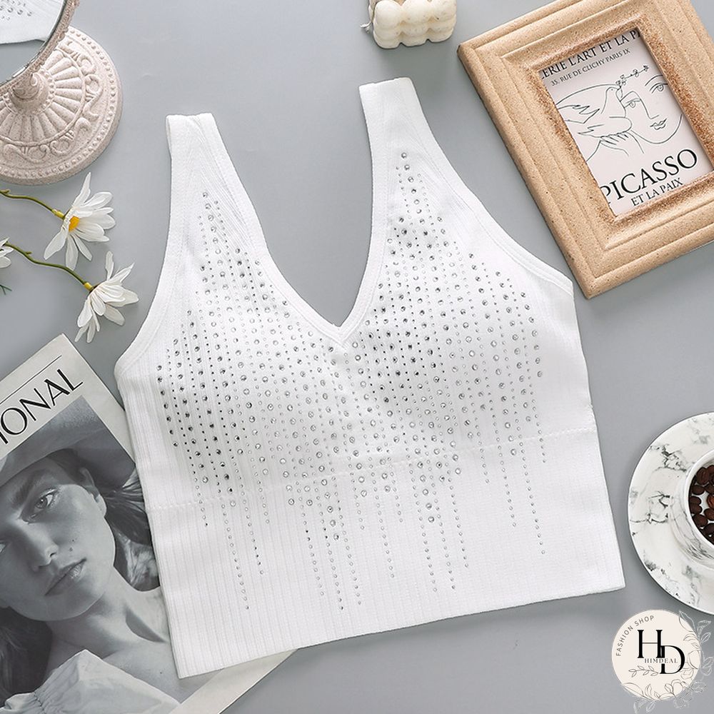 Womens Tube Top Sexy Shiny Rhinestones Camisole Female Paded Tanks White Underwear With Pad