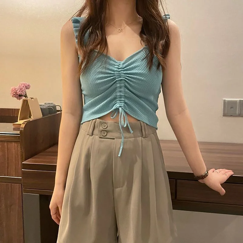 Uveng Uveng Rope Sling Sling Slings Small Vest Women's Summer 2023 New Fashion Umbilical Wrinkles Wearing Sleeveless Top