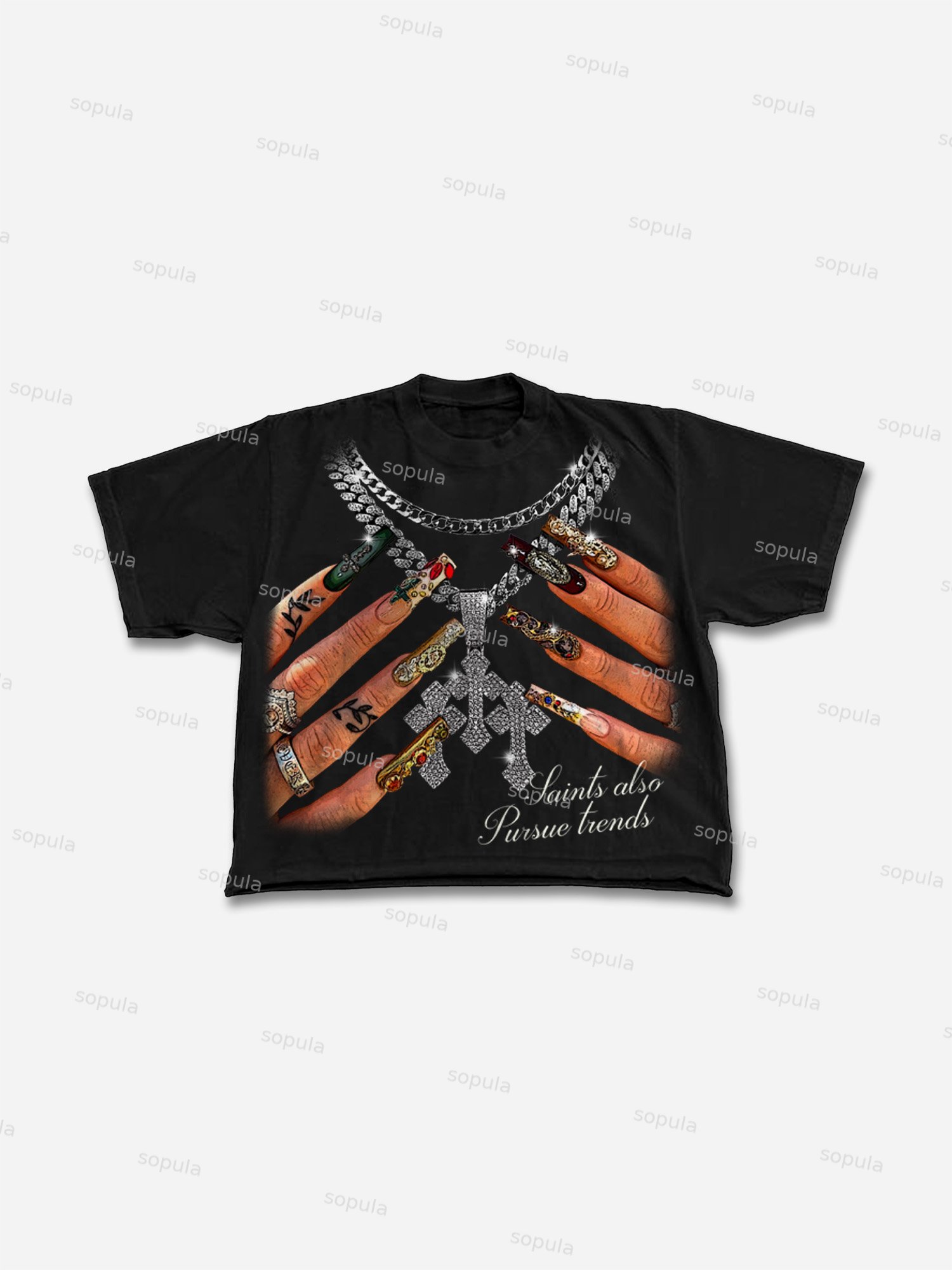 Vintage Cross Necklace, Nail Art Graphic Cropped T-shirt - Sopula｜Premium Graphic Tees & Graphic Clothing