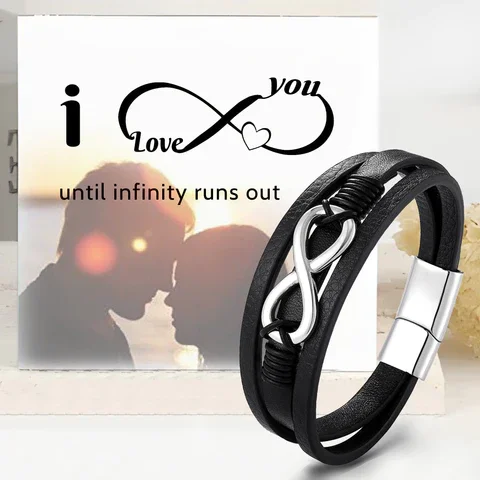 To Lover Couple Leather Infinity Knot Bracelet Birthday Gift "I LOVE YOU UNTIL INFINITY RUNS OUT" For Him