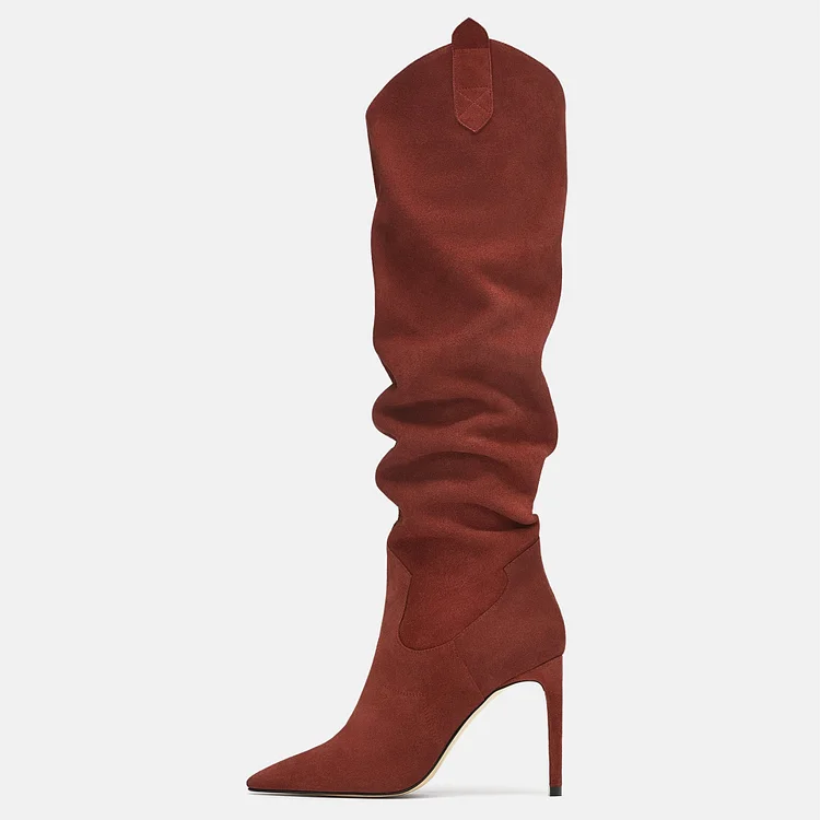 Maroon Tall Boots Pointy Toe Stiletto Heel Vegan Suede Slouch Boots |FSJ Shoes