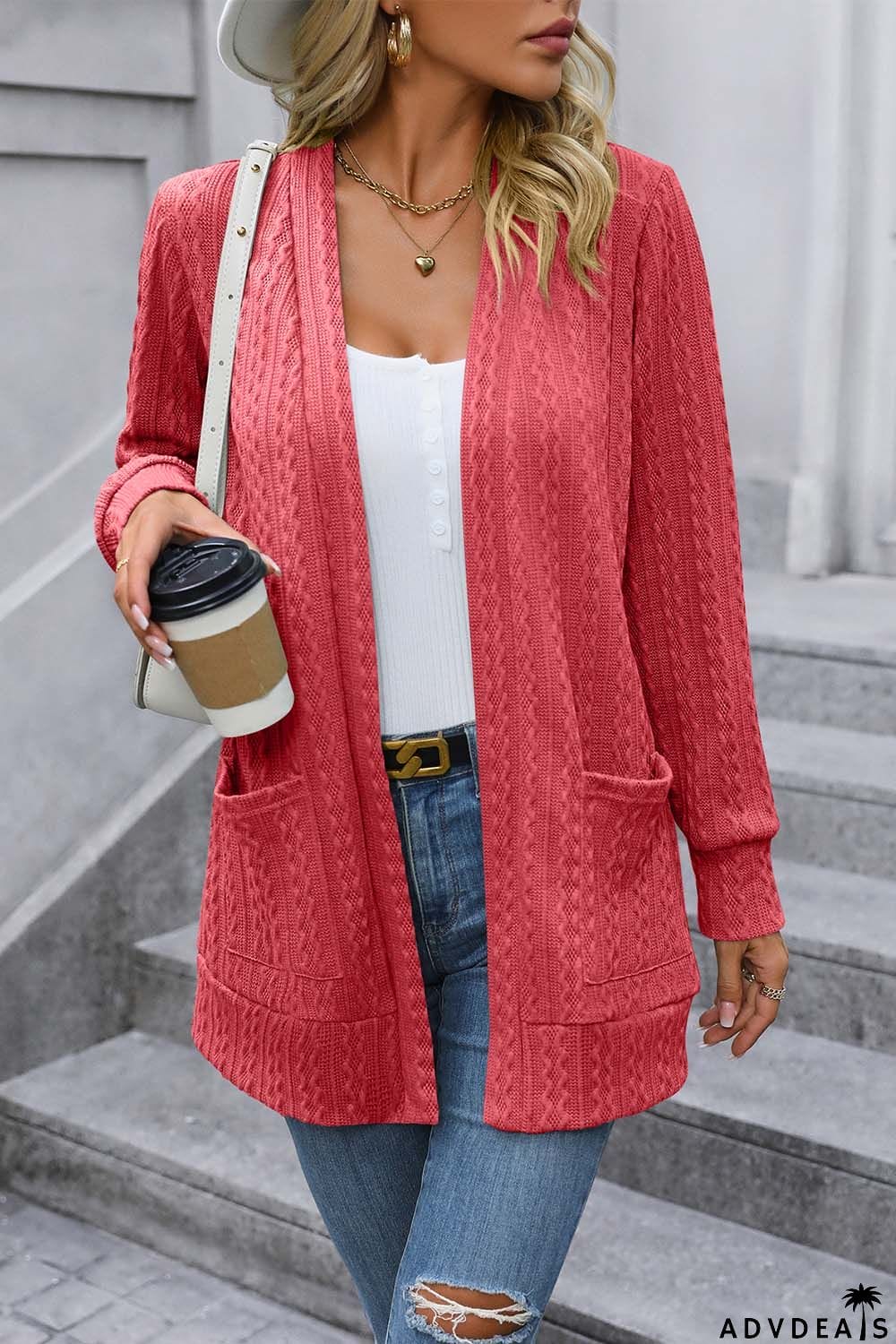 Cable-Knit Long Sleeve Cardigan with Pocket