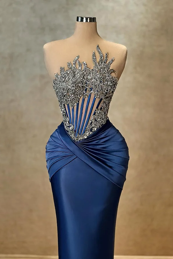 Daisda Sleeveless Strapless Beads Pleated Mermaid Prom Dress