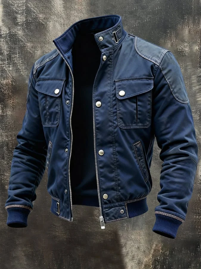 Herren-Outdoorjacke im Retro-Patchwork-Farbblock-Stil 