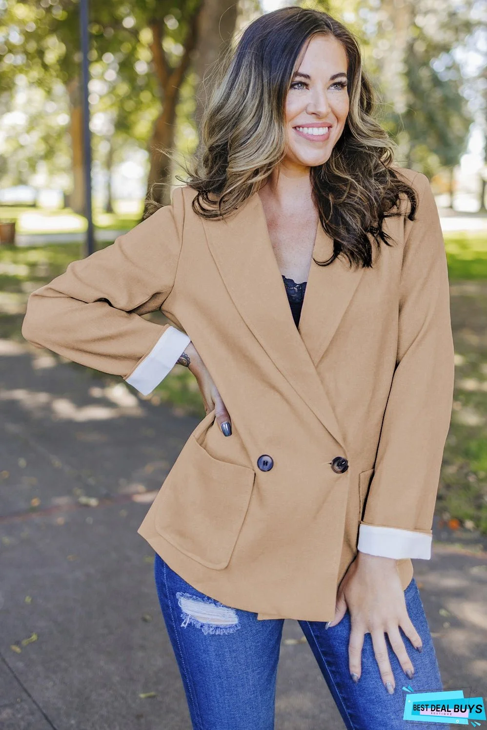 Buttoned Lapel Collar Blazer